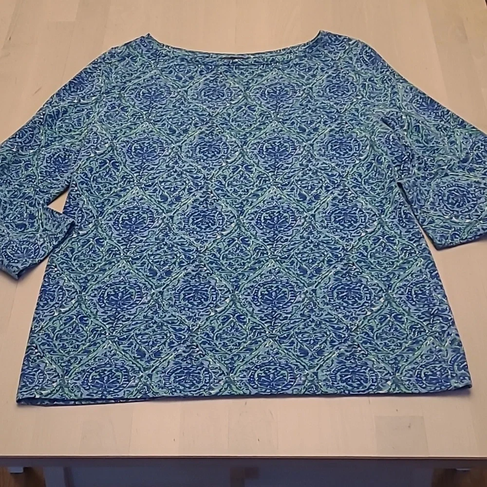 EUC Talbots Blue Patterned Boat Neck Cotton/Modal Blend Top - Picture 1 of 11
